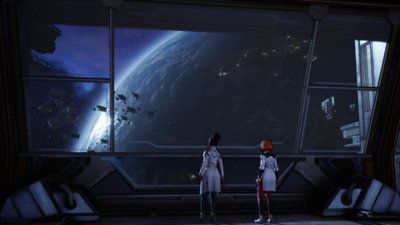 Skjermbilde fra New Tales from the Borderlands av Anu og en annen Atlas-ansatt som gjennom vinduet i sitt eget romskip ser på romskip som nærmer seg en planet