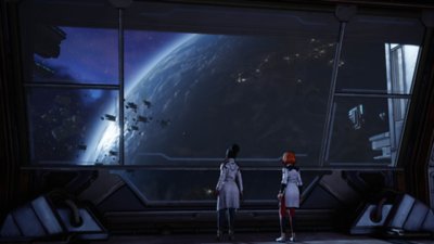 Screenshot van New Tales from the Borderlands waarop Anu en nog een Atlas-medewerker vanachter het raam van hun eigen ruimteschip in een baan rond de planeet kijken naar de ruimteschepen die naar de planeet komen