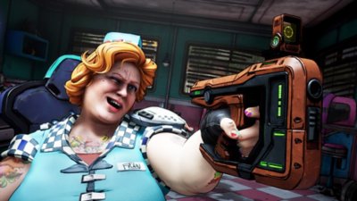 Skjermbilde fra New Tales from the Borderlands av Fran som holder en pistol