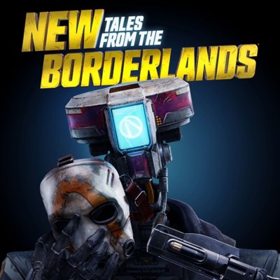 Illustrazione di copertina di New Tales from the Borderlands che mostra un robot che tiene in mano una maschera di Psycho