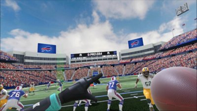 NFL Pro Era – kuvakaappaus, jossa näkyy Buffalo Billsin pelaaja, joka on juuri heittämässä palloa