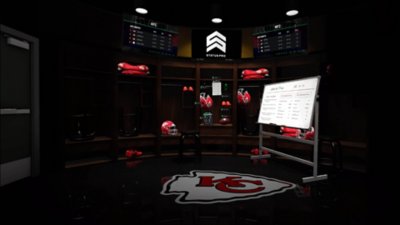 Snímek obrazovky ze hry NFL Pro Era zobrazující šatnu s tabulí a hrami
