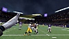 Captura de tela de NFL Pro Era mostrando o jogador lançando uma bola, acompanhada de um rastro amarelo que indica a trajetória