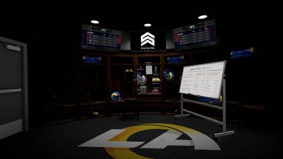 NFL Pro Era screenshot showing a changing room, with a whiteboard containing plays