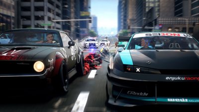 Capture d'écran de Need for Speed Unbound montrant deux pilotes s'affrontant parechoc contre parechoc