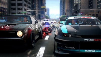 لقطة شاشة للعبة Need for Speed Unbound تُظهر اثنين من المتسابقين يتنافسون بحدة