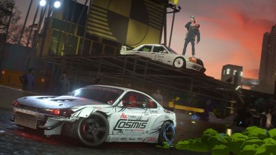 Need for Speed Unbound screenshot showing a character standing on top of a car shouting into a megaphone while a car races below