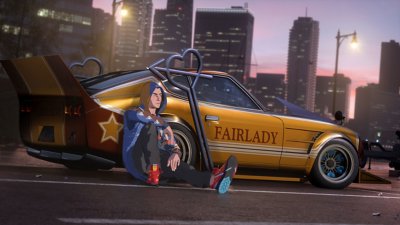 Capture d'écran de Need for Speed Unbound montrant un personnage s'appuyant sur une voiture personnalisée équipée d'un énorme spoiler arrière