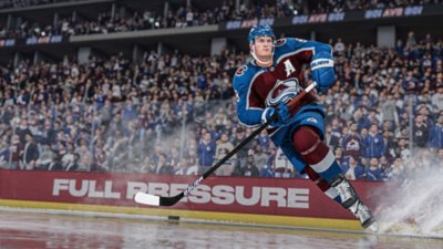 NHL 24 screenshot showing a player kicking up ice as they dribble the puck