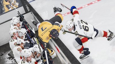 《NHL 24》截屏：一位球员将另一位球员撞出场外