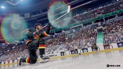 《NHL25》螢幕截圖 - 技巧性接傳球直射曲棍球球員射門