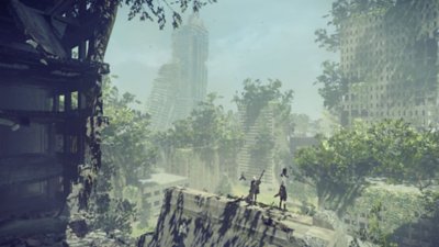 NieR: Automata screenshot featuring main protagonists 2B and 9S staring out over an overgrown apocalyptic city scape.