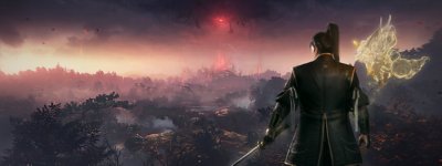 Arte promocional de anuncio de Nioh 3 que muestra a un guerrero samurái contemplando un paisaje oscuro.