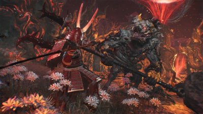 Captura de pantalla de Nioh 3 que muestra a un guerrero samurái enfrentándose a un enorme yokai.
