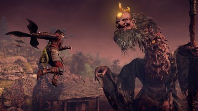 Captura de pantalla de Nioh 3 que muestra a un guerrero samurái enfrentándose a un enorme yokai de cuello largo.