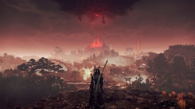 Captura de pantalla de Nioh 3 que muestra a un guerrero samurái contemplando un paisaje oscuro.