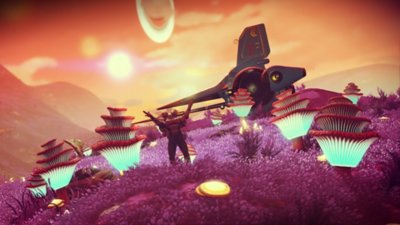 No Man's Sky - Screenshot di un campo popolato di fauna aliena alla luce dell’alba