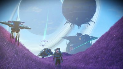 Imagem de fundo do No Man's Sky, que mostra uma panorâmica de um planeta roxo