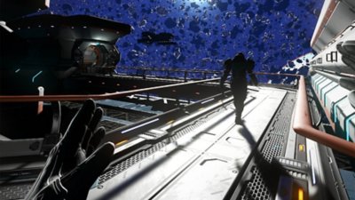 Captura de pantalla de No Man's Sky que muestra una caminata espacial desde una perspectiva de realidad virtual