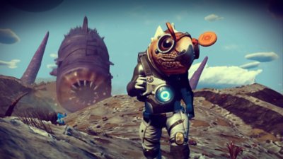 No Man's Sky - captura de tela mostrando um personagem alienígena em primeiro plano, com um verme da areia ao fundo