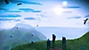Captura de ecrã do No Man's Sky que mostra três personagens a olhar para uma panorâmica planetária