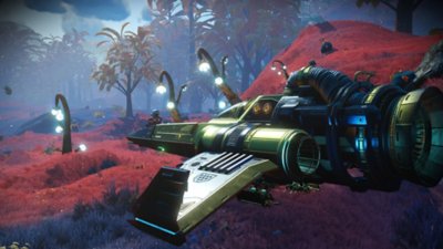 No Man's Sky screenshot showing a parked starship in a alien field