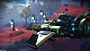 Captura de ecrã do No Man's Sky que mostra uma nave estacionada num campo alienígena