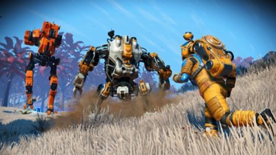 No Man's Sky screenshot showing a character running towards exocraft