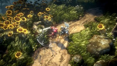 No Rest for the Wicked – Screenshot, der einen Kampf inmitten von Sonnenblumen zeigt