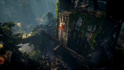 No Rest for the Wicked – Screenshot, der einen Charakter zeigt, der eine Windmühle hochklettert