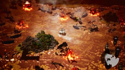 OCTOPATH TRAVELER 0 スクリーンショット 燃えている数隻の難破船の間を通り過ぎる一隻の船