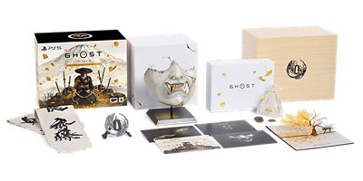 Image montrant le pack de l'édition Collector de Ghost of Yōtei, incluant un masque, des cartes illustrées et des objets à collectionner.