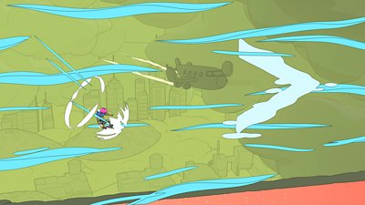 OlliOlli World – The Flowzone Layer – Screenshot eines Charakters, der durch einen grünen Himmel mit blauen Wolken fliegt.