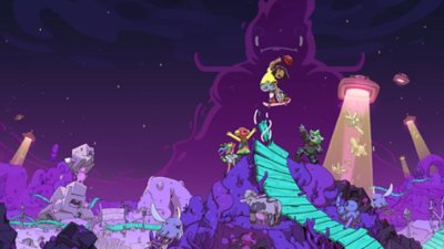 OlliOlli World: VOID Riders – Ilustrație oficială – Un patinator sare de pe o rampă într-un cer violet