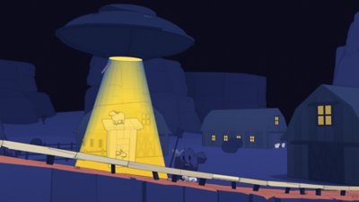 OlliOlli World: VOID Riders – zrzut ekranu przedstawiający długą poręcz do grindowania i UFO lecące powyżej