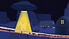 OlliOlli World: Captura de pantalla de VOID Riders mostrando unraíl largo para grindear y un OVNI flotando encima