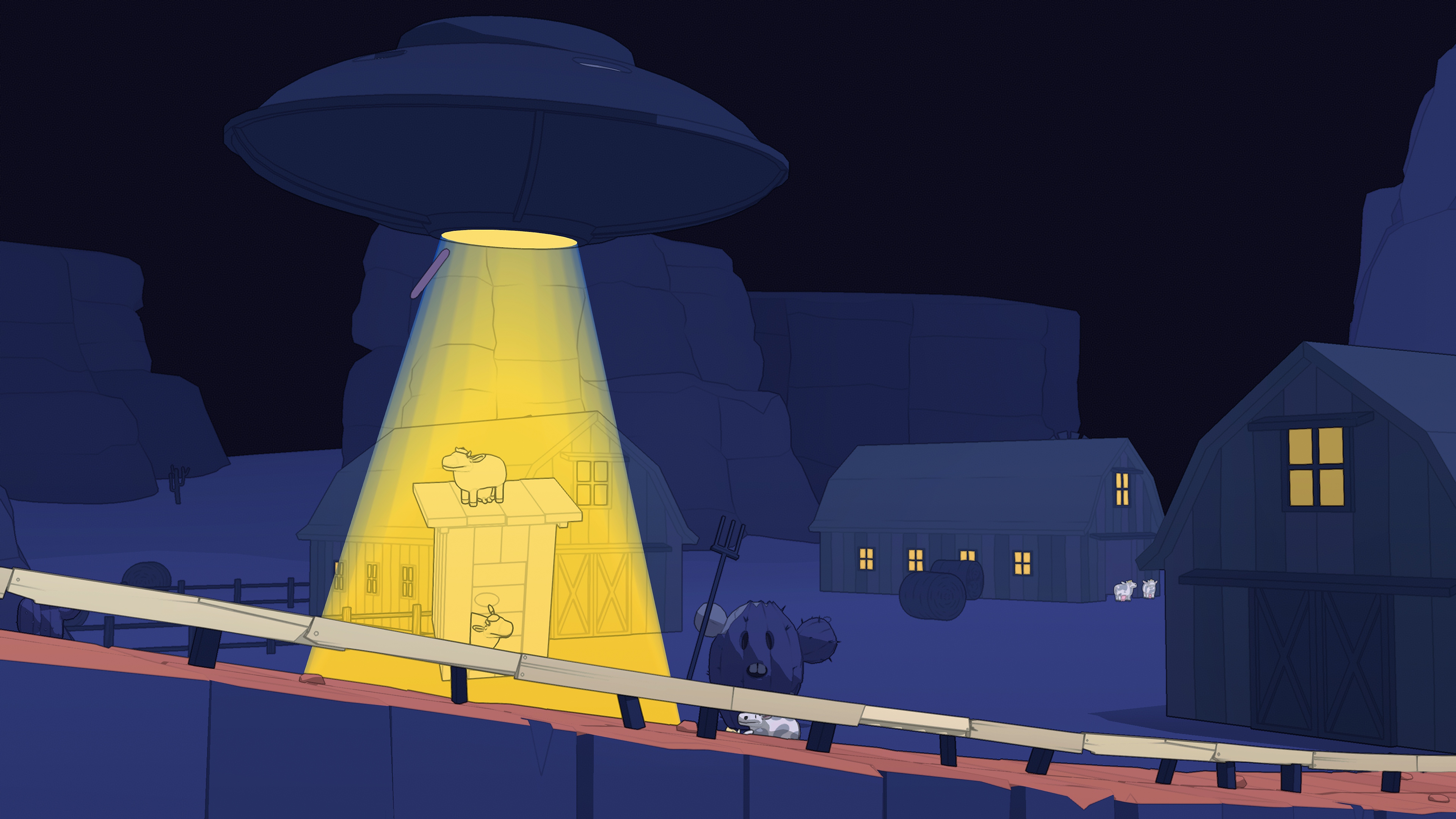 OlliOlli World: 긴 그라인드 레일과 하늘에 뜬 UFO를 모습을 보여주는 VOID Riders 스크린샷