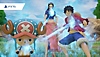 One Piece Odyssey gameplay screenshot featuring members of the Straw Hat Pirates.