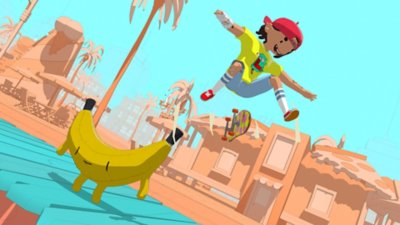 Screenshot van OlliOlli World met een skater die een salto doet over een banaan