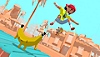 《歐利歐利世界》螢幕截圖，顯示一名滑板玩家在香蕉上空施展翻轉技巧