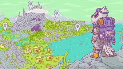 目的地のマークが点在する風景を見るキャラクターを配したおすすめのオープンワールドゲームのプロモーションキーアート