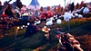 《天外世界》截屏：玩家手持武器指向敌人，敌人站在长满巨大白色植物的田地上