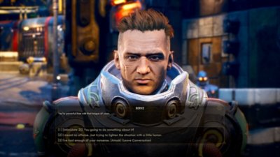 لقطة شاشة من The Outer Worlds تظهر بها خيارات حوار مع شخصية أخرى