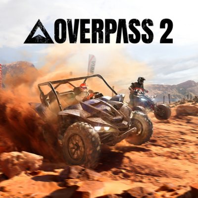 Arte promocional de Overpass 2 que muestra a dos personas compitiendo en vehículos en un desierto.