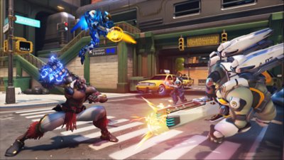 Overwatch 2 – skärmbild på karaktärer som möts på New York Citys gator.