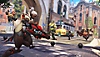 Captura de pantalla de personajes de Overwatch 2 enfrentándose en calles empedradas.