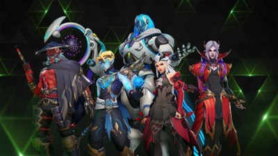 Overwatch 2 screenshot showing a selection of heroes with their battle pass skins