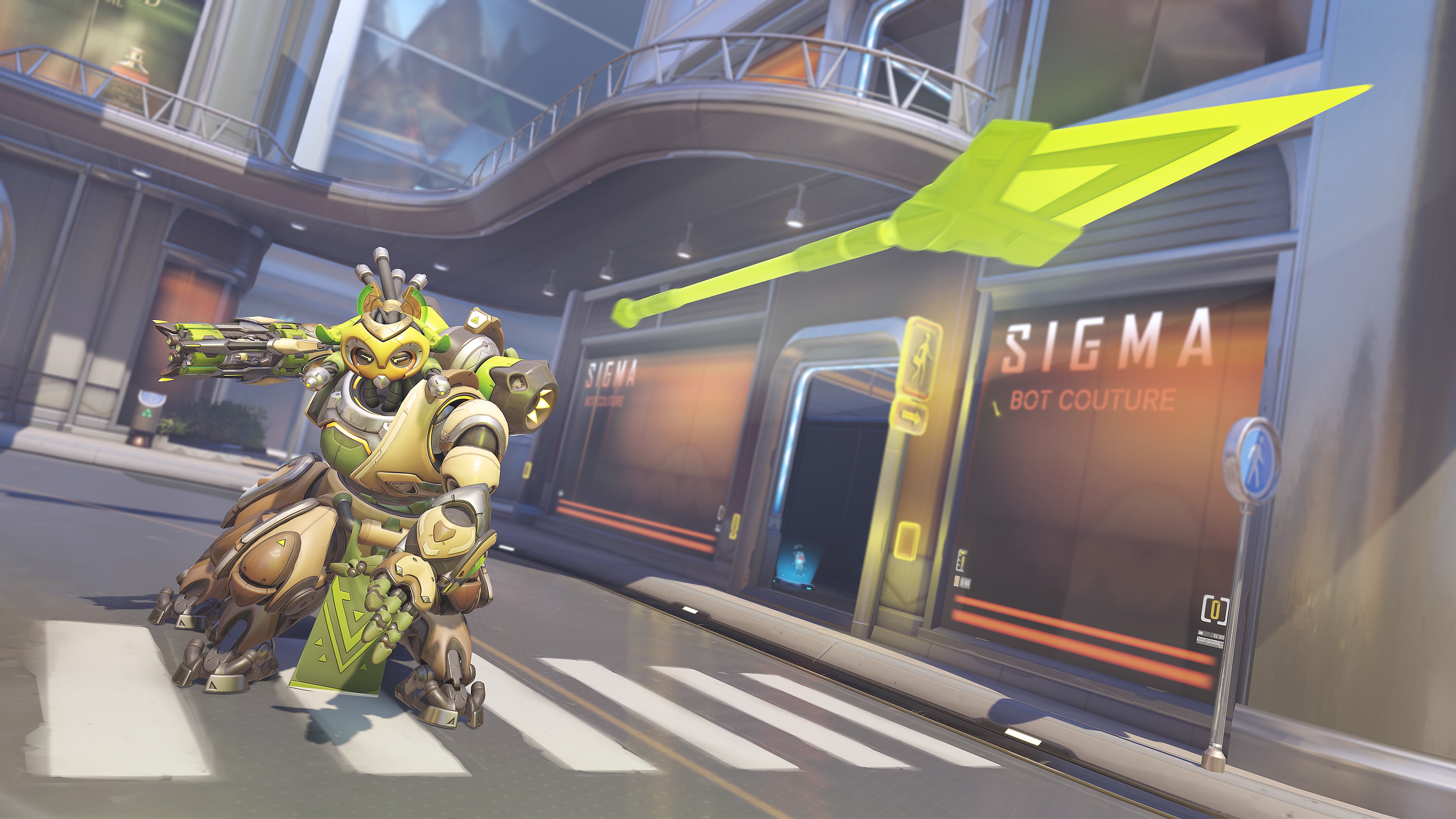 Overwatch 2 screenshot showing character, Orisa, throwing a green projectile