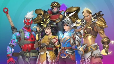 Overwatch screenshot showing a group of characters in new cosmetics