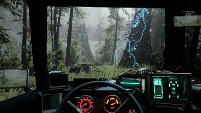 Pacific Drive screenshot featuring a first-person view inside a car as forked lightning strikes a forest ahead of them